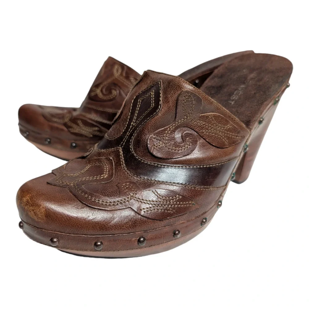 Nine West Luzio Womens‎ Size 8.5 Brown Leather Clogs Bootie Heels Western Cowboy